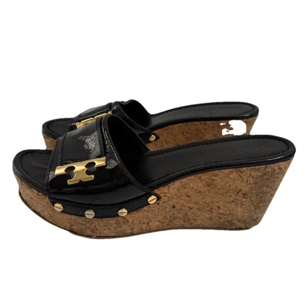 Tory Butch wedge Sandal I Black Leather Slipon size 9.5